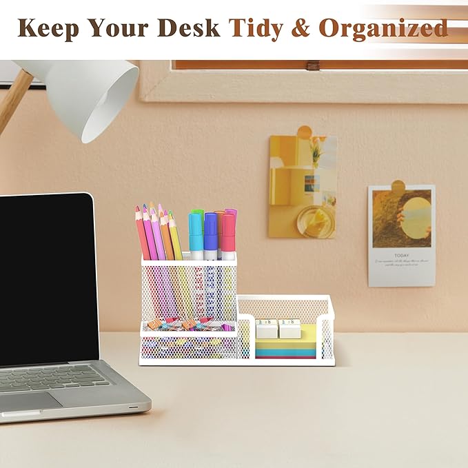 SUPEASY Pen Holder Desk Organizer, Office Supplies Pencil Holder with 3 Compartments, Desk Accessories and Workspace Organizers for Home School, White