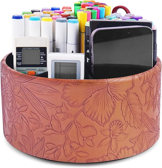 Hennaja Remote Control Holder, 360°Spinning PU Leather Desk TV Remote Caddy,Desk Storage Box Room Accessories for Controller, Media,Mail,Calculator, Mobile Phone,Pencil(1-Carved Brown)