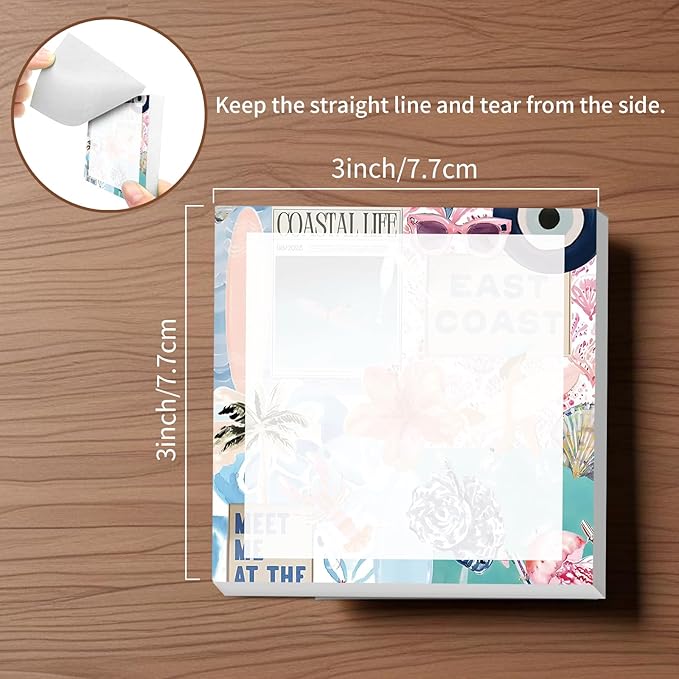 Sticky Notes, 2 Pads, 3x3 inches, Cute Colorful Fun Self-Stick Note Pads, Easy Post, Strong Adhesive Notepad Beach Collage Blue
