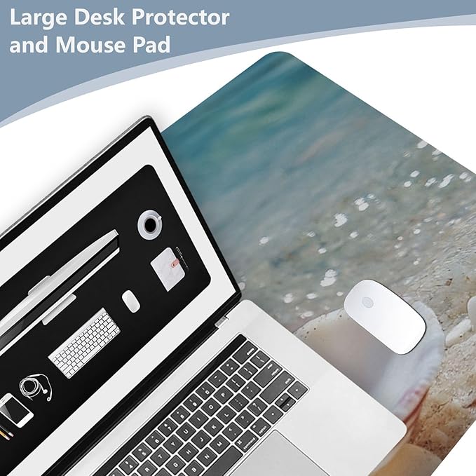 Mouse Pad Desk Mat Leather Desk Pad Large Gaming Desk Cover Protector Mat for Keyboard Computer Laptop Office Waterproof 47.2 x 23.6 Inch Blue Sea White Shell