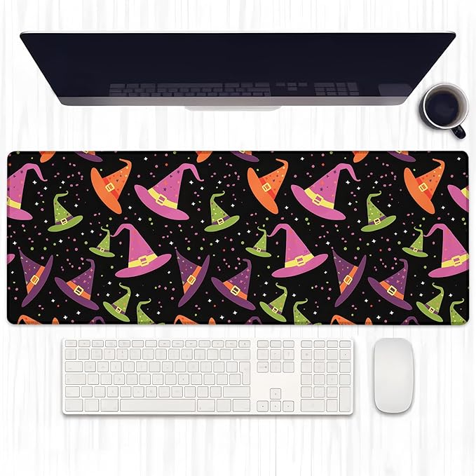 Witch Hat Gaming Mouse Pad, Extended Colorful Spooky Desk Mat Computer Laptop Mousepad, Robust Stitched Edges, 31.5"×11.8" Large Office Keyboard Halloween Mouse Pads for Home Desktop Decor