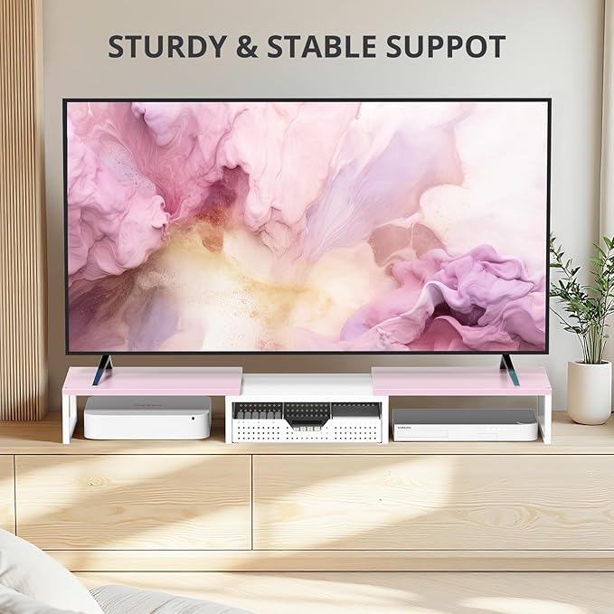 Desk Dual Monitor Stand Riser - Desk Organizer with Drawer and Pen Holders, Office Desk Accessories & Workspace Organization, Computer Monitor Stand for Laptop, Printer(Pink＆ White)