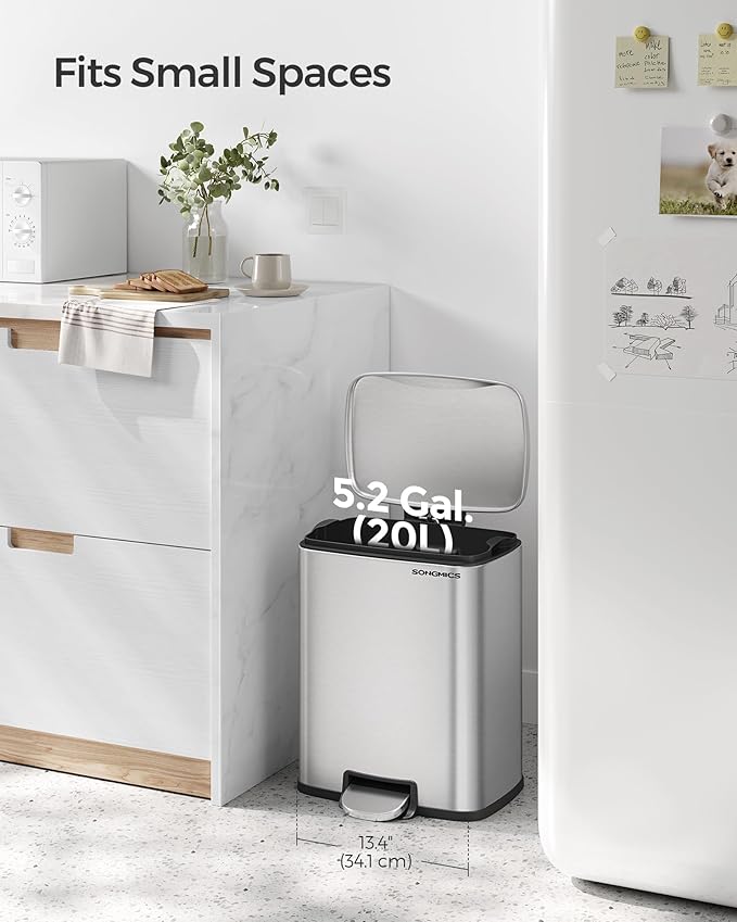 SONGMICS Trash Can, Garbage Can with Lid, 5.2-Gallon (20L) Step Trash Bin for Kitchen, Stainless Steel, Soft Close and Stays Open, Inner Bucket, Includes 15 Trash Bags, Silver ULTB543E01