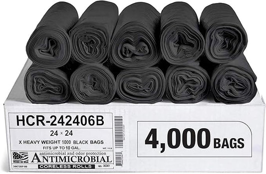 Aluf Plastics High Density Trash Bags, 10 Gallon, 4000 Count, 6 Micron (eq), 24" x 24", Black, for Bathroom, Office, Industrial, Commercial, Janitorial, Municipal, Recycling