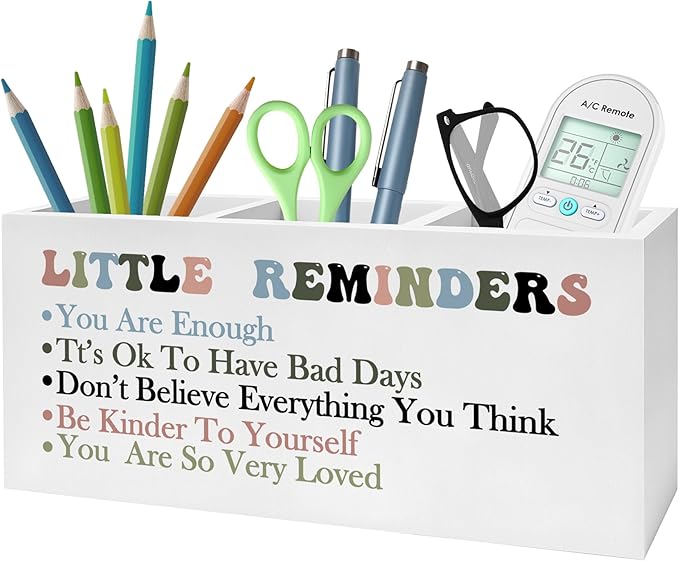 Encouragement Gifts Pencil Pen Holder for Desk, Little Reminders Inspirational Wooden Pencil Holder Organizer for Home Office Desk Accessories, Mental Health Gifts