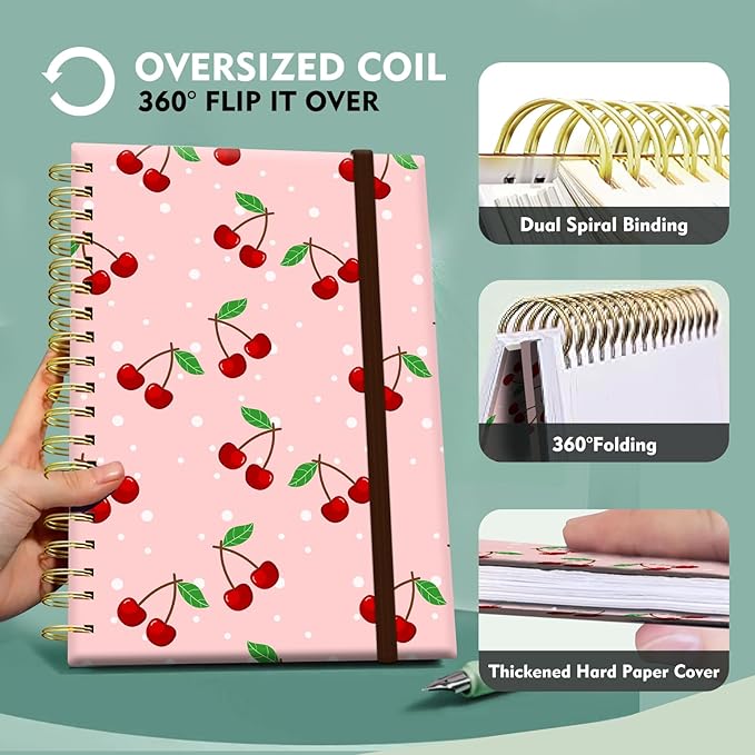 Spiral Journal Notebook,Strong TwinWire Binding with Premium Paper for Girl Women,Cool Funny 120 Pages,100gsm A5 College Ruled NotebookJournal,Perfect for Gifts Nurse Teacher Women(Cute Pink Cherry)