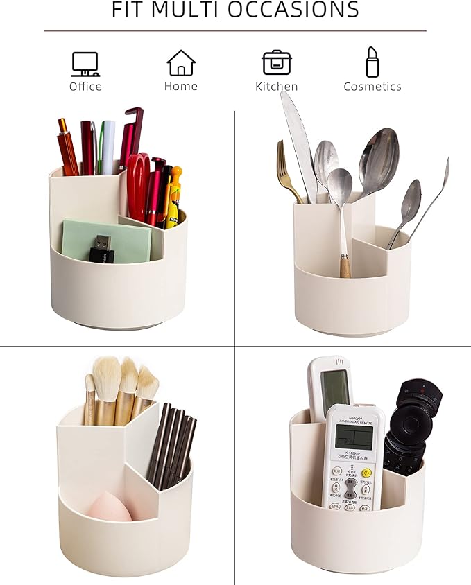 Desk Pencil Pen Holder, 3 Slots 360-Degree Spinning Organizers, Desktop Storage Stationery Supplies, Cute Cup Pot for Office, School, Art Supply, Kids - White