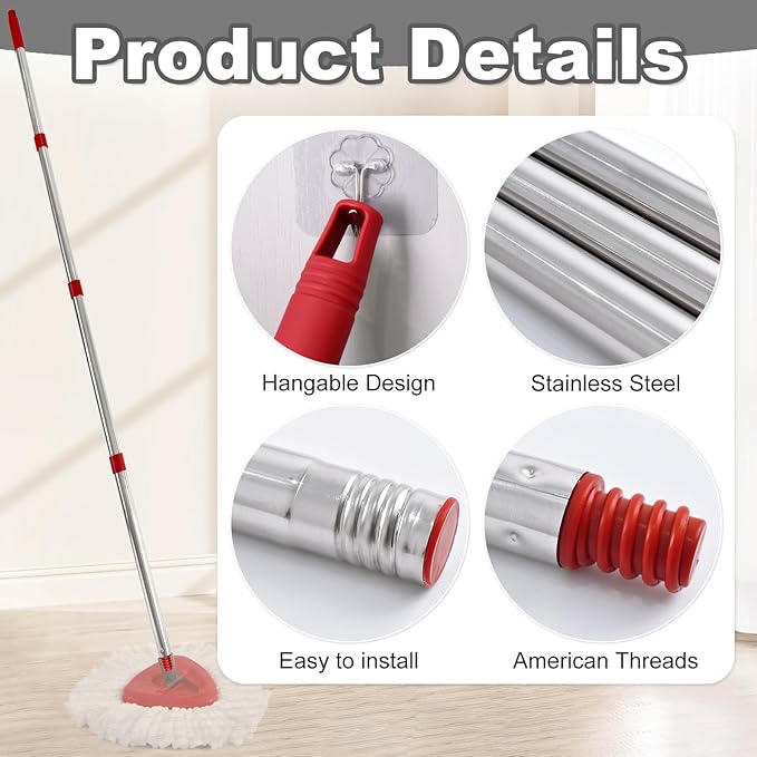 4-Section Spin Mop Handle Replacement, (30 to 58 inch) Stainless Steel Handle Easy Install, Resistant to Deformation, American Threaded Joint, Compatible with O-Ceda Spin Mop Easy Wring Spin Mop Head
