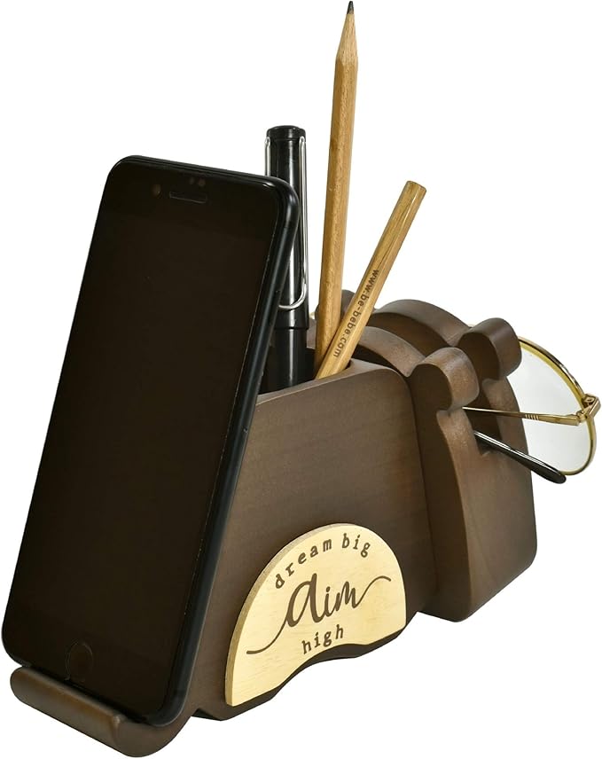 I'm Wood Multipurpose Eyeglass Phone Pen & Pencil Holder Stand Stationery Desk Organizer Accessories, For Home Office Desktop Decor Birthday Graduation Gifts “Dream Big Aim High” (Dog)