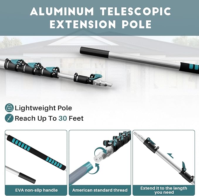 TelesPro 36 Foot High-Reach Duster Kit with 7-30FT Extendable Pole - High Ceiling Duster Cleaning Kit with Telescopic Pole,Cobweb Duster, Chenille Ceiling Fan Duster, Microfiber Feather Duster