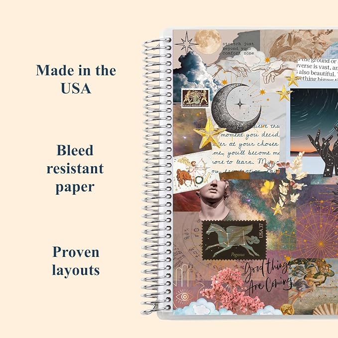 Erin Condren 7” x 9” Productivity Spiral Notebook, Lines & Checklist Layout with 80 Lb. Paper, Cosmic Collage Cover, 160 Productivity Notebook Pages, Platinum Coil, Stickers Included