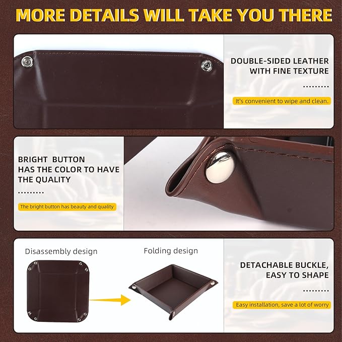 Leather Valet Tray for Men and Women - Jewelry Tray Nightstand Organizer - Bedside Vanity Tray - Dresser Catchall Tray - Desk Organizer and Storage for Keys, Phone, Wallet, Coin(Square)