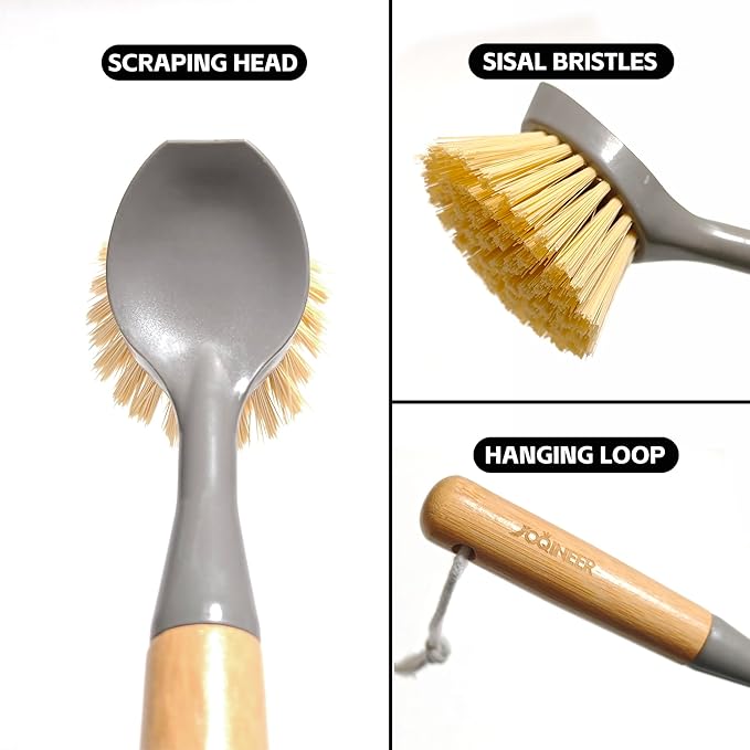 JOQINEER 2 Pack Kitchen Dish Brushes with Bamboo Handle, Dish Scrubber Built-in Scraper, Scrub Brush for Pans, Pots, Counter & Kitchen Sink Cleaning, Dishwashing and Cleaning Brush Tools