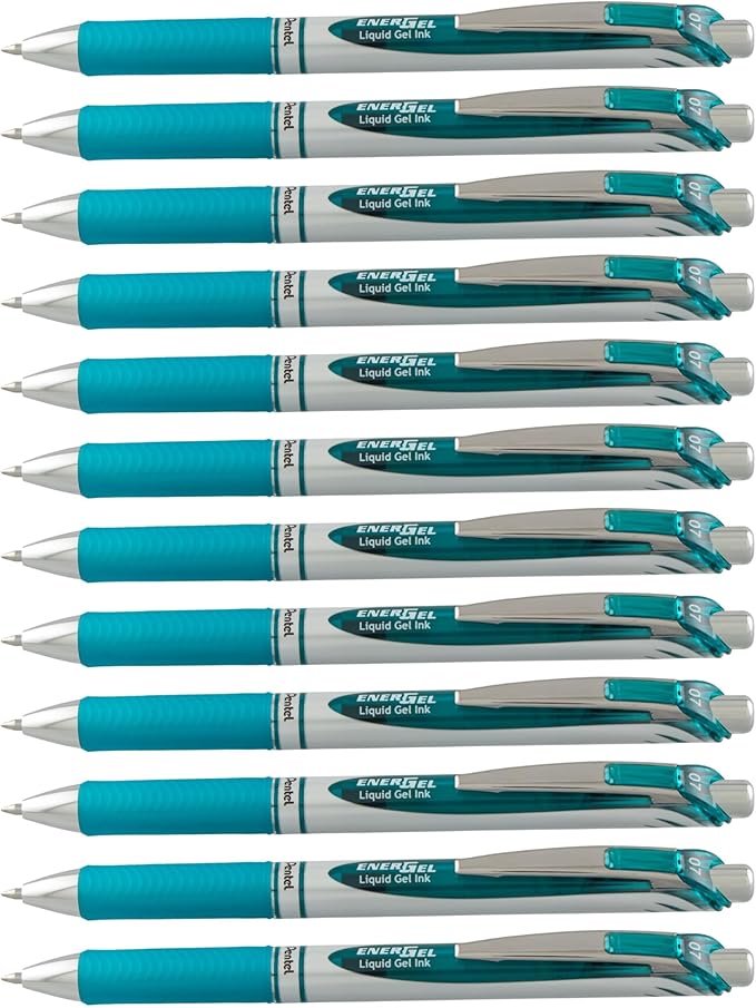 Pentel EnerGel RTX Retractable Liquid Gel Pen Metal Tip, 12 Pack, (0.7mm), Medium Line, Turquoise Blue, Box of 12 (BL77-S3)