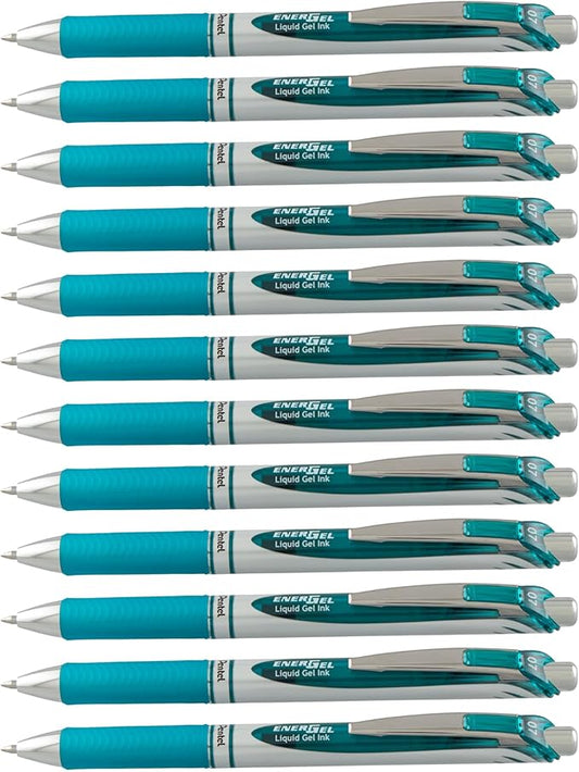 Pentel EnerGel RTX Retractable Liquid Gel Pen Metal Tip, 12 Pack, (0.7mm), Medium Line, Turquoise Blue, Box of 12 (BL77-S3)