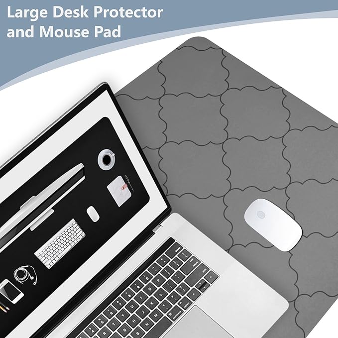 Mouse Pad Desk Mat Leather Desk Pad Large Gaming Desk Cover Protector Mat for Keyboard Computer Laptop Office Waterproof 35.4 x 16.5 Inch Monochrome Geometric Quatrefoil Grey