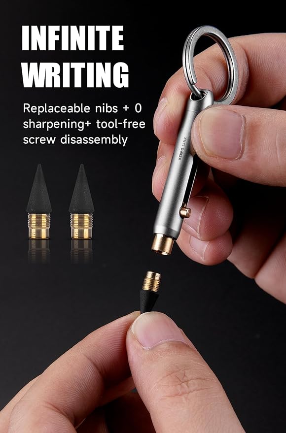 KEEPO LINK Mini Mechanical Pencil with Key Ring & 2 Extra Nibs, Titanium Infinite Keychain Pencil for Everyday Carry, Office, Outdoor, Back to School Supplies, OLP01 (Gunmetal Grey)