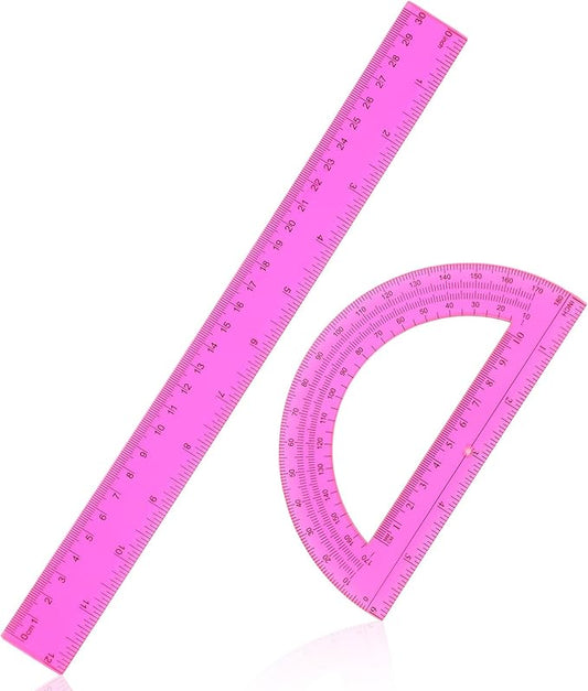 2 Pack Pink Plastic Ruler and Protractor Set 12 Inch and 6 Inch Plastic Protractor Set Clear Math Drafting Geometry Sets Transparent Ruler Sets for Home Office Drawing Architect Engineer