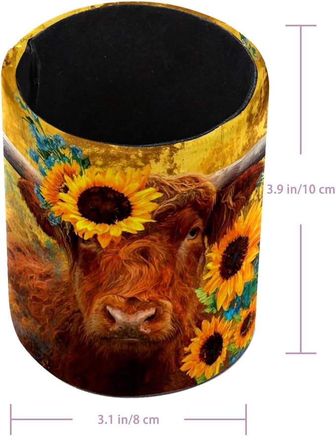 Watercolor Art Yak PVC Leather Circular Pencil Holder for Desk Organizer Stationery Holder for Office, School(3.9 x 3.1 Inches)