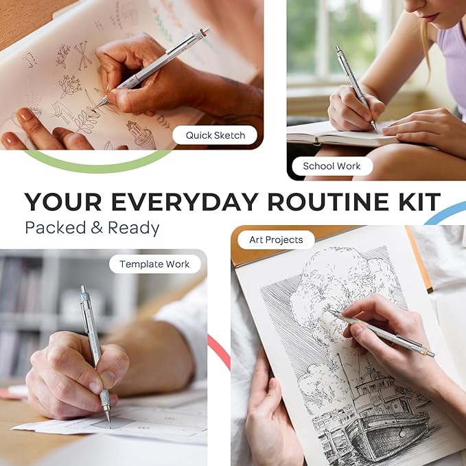 Nicpro 4 Pack Blocky Gear 0.3, 0.5, 0.7, 0.9 mm Metal Mechanical Pencils Set with Case, Lead Drafting Pencil with 8 Tube Lead Refills(HB 2B), Erasers, Eraser Refills for Art Writing Sketching Drawing