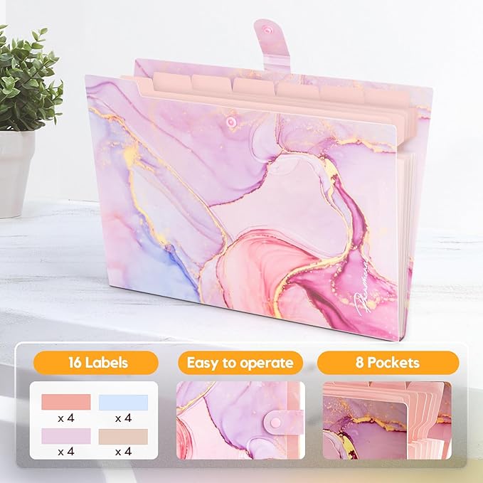 Expanding File Folder, Folders for Important Documents Organizer, Accordion File Organizer, Aesthetic Folders for School Students, 8 Pockets File Folder for Home Bills (Pink Gold Marble)