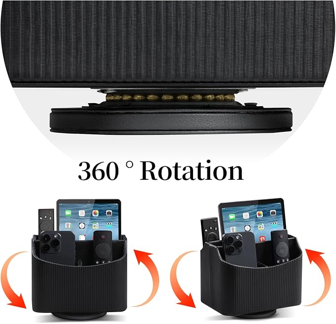 PU Leather Remote Control Holder, 360 Degree Rotating Desk Organizer Storage Table Remote Caddy, Spinning Bedside Organizer Nightstand Organizer for Desktop Office Home Black
