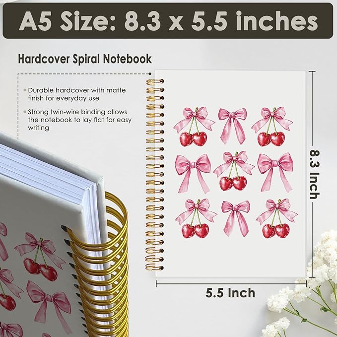 Cute Notebook, Cherry Coquette Pink Bow Notebook Gifts for Women Girls, Girly Stuff Hardcover Spiral Notebook Journal 8.3x5.5 Inch
