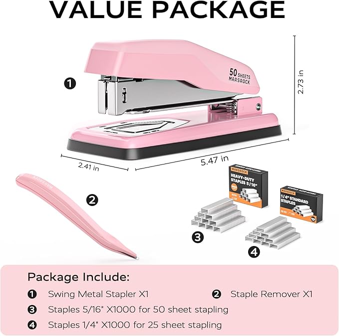 Desktop Stapler, Swing-Arm Swivel Stapler, 50 Sheet Capacity, 2000 Staples and Staple Remover, Rotatable Heavy Duty Staplers for Office, Home, Classroom, Booklet, Book Binding,Pink