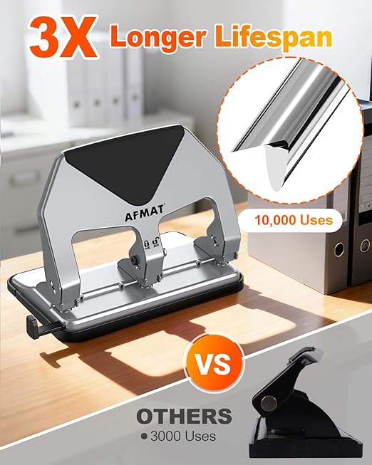 AFMAT HP20 Heavy Duty 3 Hole Punch, 60% Reduced Effort, 50-Sheet 3 Hole Puncher for Binder, 10,000+ Uses, Metal Three Hole Punch for Home Office School, w/Large Chip Tray, Paper Guide