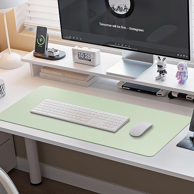 Boutilon Leather Desk Pad Protector,Non-Slip Mouse Pad,Laptop Desk Pad,Office Mouse Mat,Waterproof Leather Desk Blotter,Desk Writing Pad for Office and Home (L-Green,35"x 17")