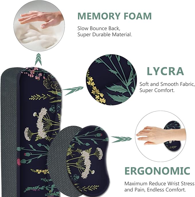 AIMSA Large Gaming Mouse Pad Set, Keyboard Wrist Rest Support + Extended Mouse Pad + Mouse Wrist Cushion + Coaster, Ergonomic Multifunctional Desk Mat 35x15.7in Anti-Slip Rubber Base (Flowers Plants)