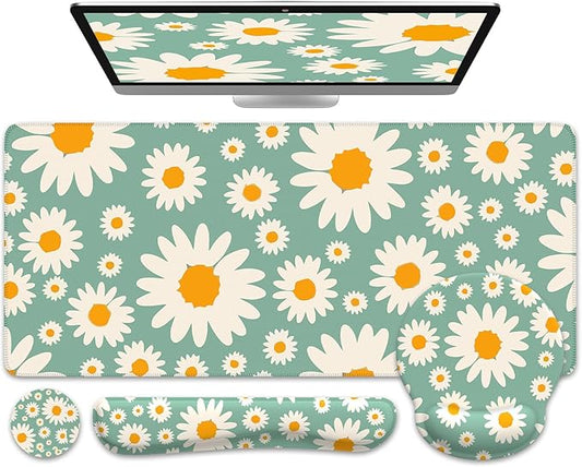 iCasso Desk Cover Mat, 4in1 Floral Large Mouse Pad with Wrist Rest, Desk Matt for Desktop, Anti-Slip XXL Big Computer Ergonomic Mousepad with Wrist Support for Keyboard and Mouse (Daisy)