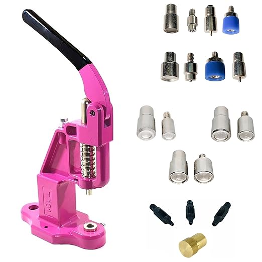 Snaps'N'Rivets Hand Press Kit with 2 Utility Snap Dies and 3 Double Capped Rivet Dies and 3 Hole Punches(Pink Press)