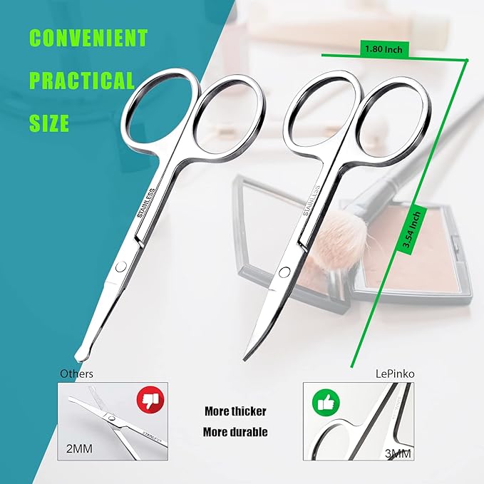 Facial Hair Small Grooming Scissors For Men Women - Eyebrow, Nose Hair, Mustache, Beard, Eyelashes, Ear Trimming Kit - Curved and Rounded Safety Tip Clippers For Hair Cutting - 2PCS Silver