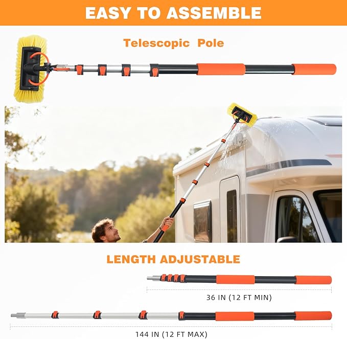 TOWBRUS 12FT/144inch Car Wash Brush with Long Handle Water Fed Telescopic Pole with Angle Adapter 12" Soft and Hard Bristle Cleaning Tool for Car Truck RV House Floor Window Glass Roof Pool