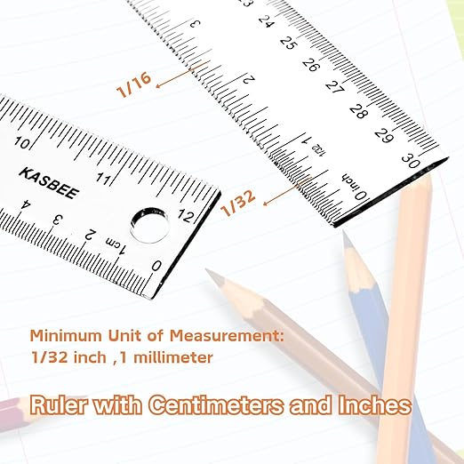 Plastic Ruler 12 inch, Clear Rulers with Hanging Holes, Inches, Centimeters, Millimeters, Straight Measuring Tools for Students, School and Office, Pack of 2