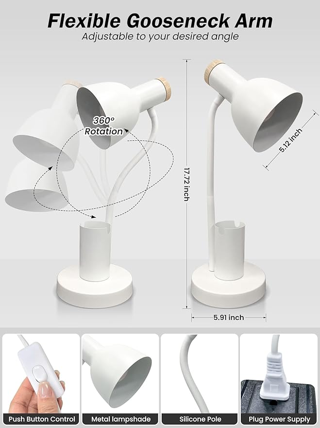 LED Desk Lamp with Pen Holder, Eye-Caring Desk Light 3 Color Modes Reading Light Flexible Gooseneck Metal Study Lamp, Cute Table Lamps for Home Office Bedside Dorm(White lamp)