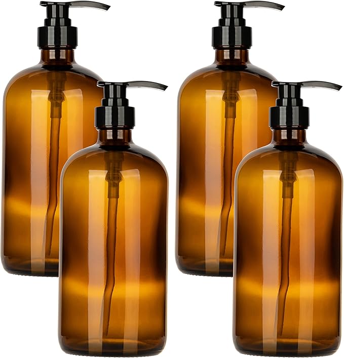 32 Ounce Glass Pump Dispenser Bottle, Large Amber Container with Pump for Shower and Bath Shampoo Soap Conditioner Lotion - 1 Liter - by Kitchentoolz