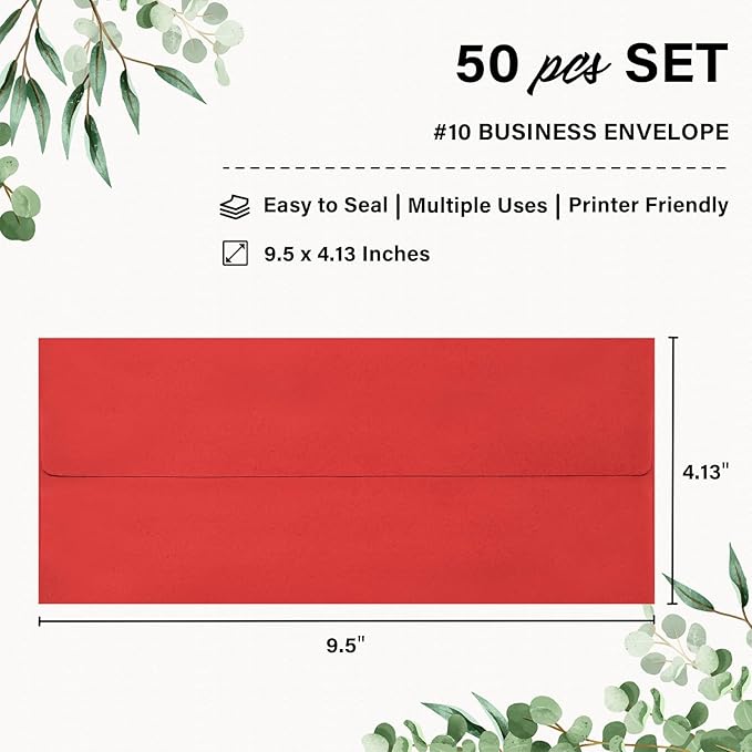 50 Pack #10 Christmas Red and Green Envelopes Letter Size, Business Envelopes Self Seal for Invoices, Letter Mailing, Office Checks, 4 1/8 x 9 1/2 Inches