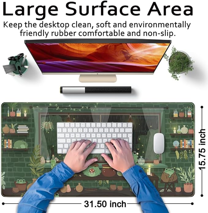 Cute Desk Mat Kawaii Frog Mouse Pad Green Desk Anime Mat Large Gaming Mouse Pad Desk Computer Keyboard Pad Desk Home Office Accessories Girl Stitched Eges (31.5x15.7 in) WER236