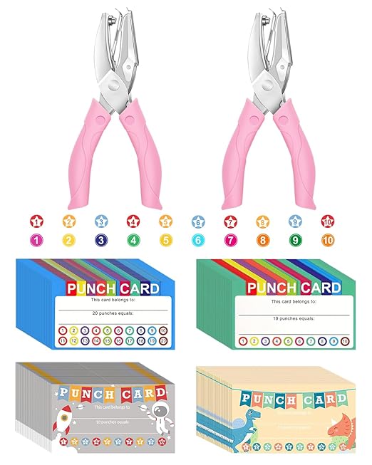 UCEC 200 PCS Reward Chart for Kids with Circle Star Hole Puncher, Incentive Loyalty Reward Punch Card for Classroom with Handheld Single Punches Kit to Behavior for Business School Students Teachers