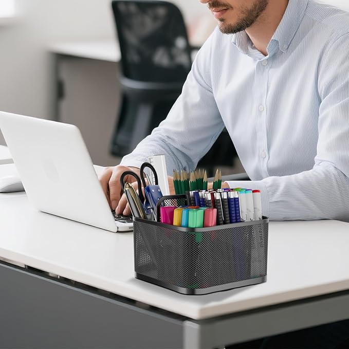 LUCYCAZ 360 Rotating Metal Pencil Pen Holder for Desk, Rotating Pencil Cup with 5 Slots, Dual-Purpose Desk Pen Organizer for Office, School, Home, Square