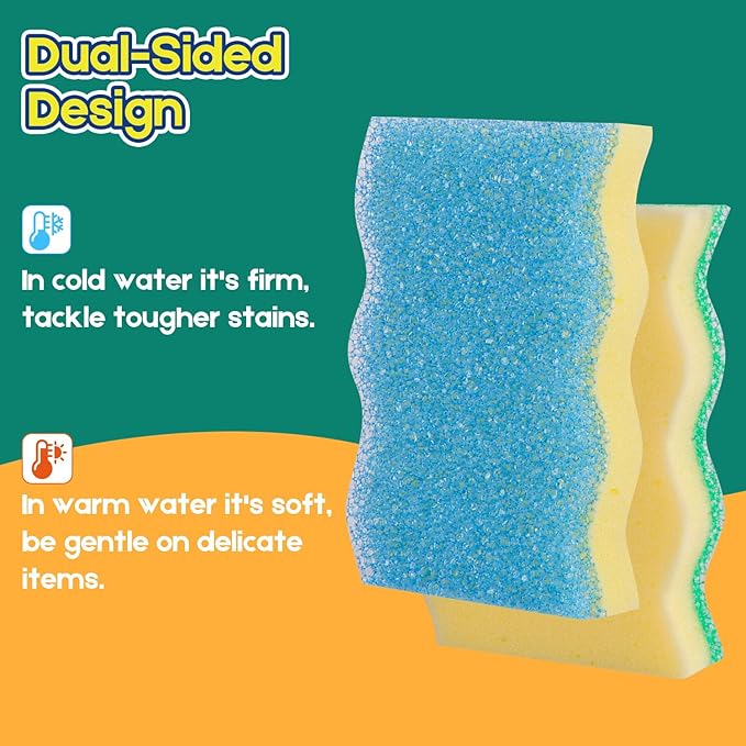 LAUNDRYLUX Scrub Sponge, 8 Pack Dual-Sided Temperature-Responsive Scrubber - Non-Scratch - Multipurpose Dish Sponges for Kitchens, Bathrooms, and Outdoor Use - Wave-Shaped