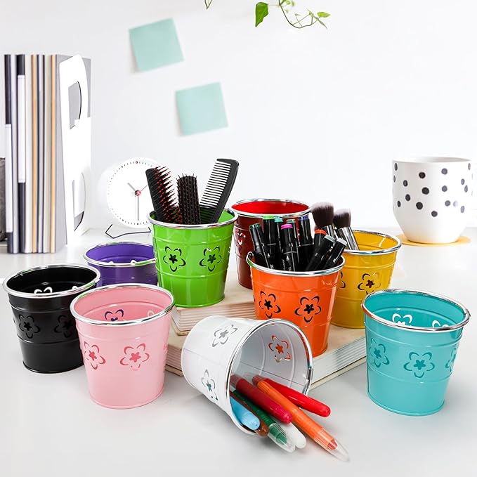 9 Pack Metal Pen Holder Cup, Desktop Pencil Bucket with Flower Pattern, Mini Makeup Brush Storage Organizer, Colorful Stationary Supplies Container for Office Classroom School Crafts(9 Color)