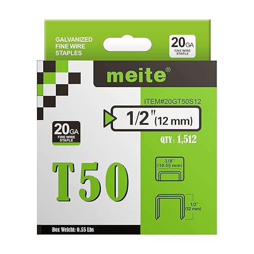 meite T50 Staples, 1/2 Inch Length Heavy Duty Staples for Staple Gun, Galvanized, 20 Gauge 3/8 Inch Crown, Compatible with T50 Staple Gun, Ideal for Upholstery, Construction, Furniture (1,512 Counts)