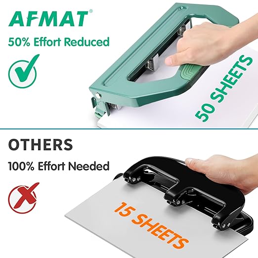 AFMAT HP18 Heavy Duty 3 Hole Punch, 50-Sheet Hole Puncher 3 Ring, 50% Reduced Effort, Adjustable Two & Three Hole Punch, Metal Paper Puncher w/Large Chip Tray, Metal Paper Guide, Green
