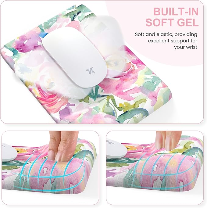 iCasso Mouse Pad with Wrist Rest,Large Desk Mat Set,Ergonomic Keyboard Pad with Wrist Support,Non-Slip Mouse Mat for Women,Cute Floral Computer Mat for Home Office Gaming (Watercolor Flowers)