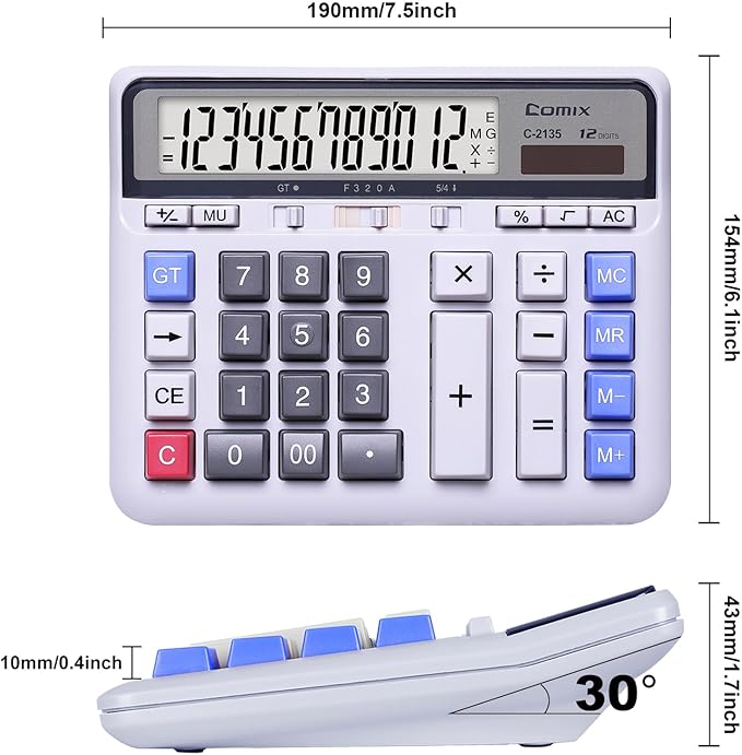 Comix Desktop Calculator Solar Battery Dual Power with 12-Digit Large LCD Display and Large Computer Keys Standard Function Calculator for Home Office School, White