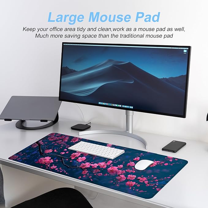 Elegant Cherry Blossom Mouse Pad – 31.5" x 11.8" Extended Desk Mat with Pink Peach Blossoms on Deep Blue Background – Large Non-Slip Surface for Home & Office Use
