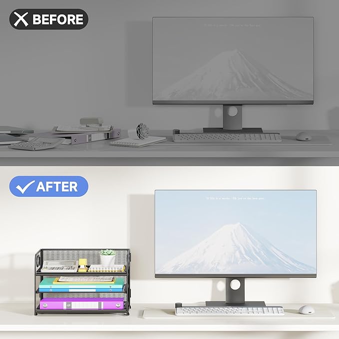 3 Tier Paper Organizer with Handle, Metal Desk Organizer Mesh Paper Letter Tray Desktop File Folder Document Sorter for Classroom, School, Office Accessories Organization and Storage - Black